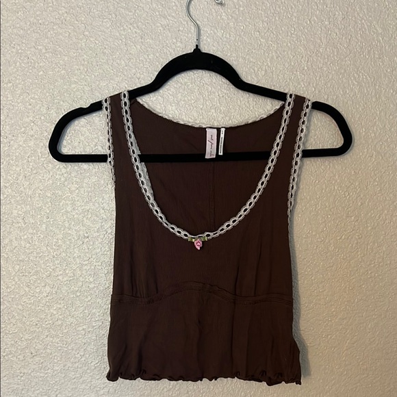 Urban Outfitters Brown Sleeveless Top with Lace Trim and Pink Rose - Picture 1 of 2